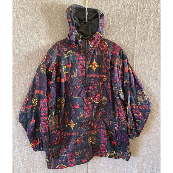 VTG Mens Sz Large ROFFE Oversized Windbreaker Pullover Jacket Tribal Print - Picture 1 of 7